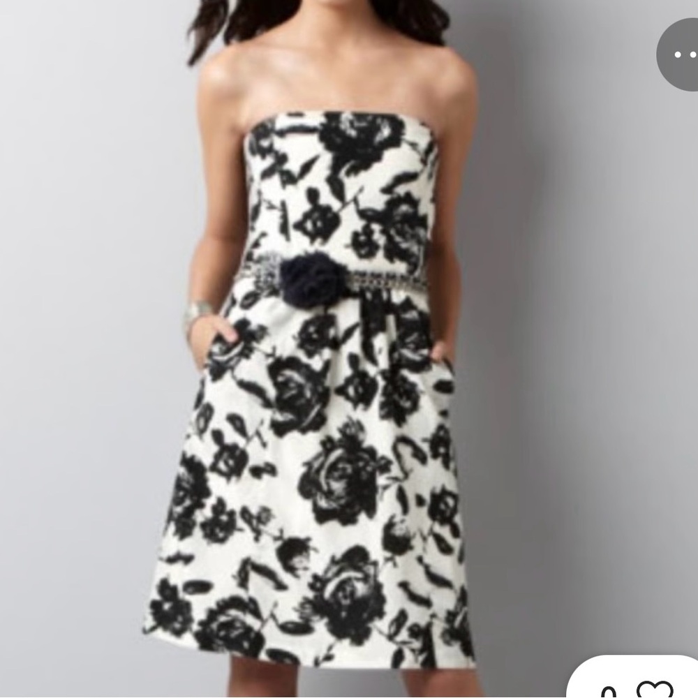 Ann Taylor Loft Black and White floral knee length strapless dress